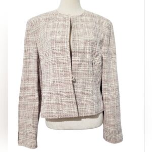 Jones New York Women Tweed Jacket Blazer SZ 14 Cotton Linen Blend Lined Neutral